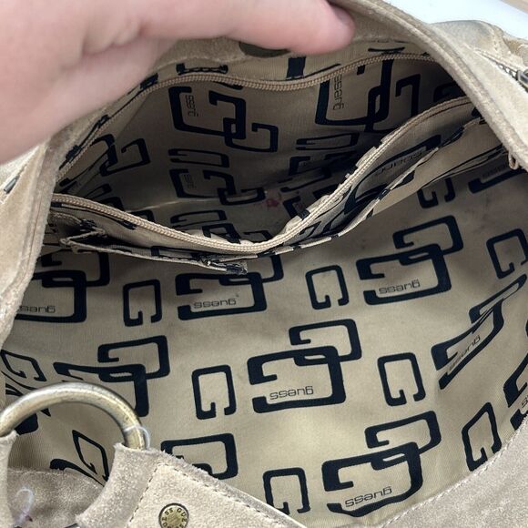 Guess Leather Suede Beige Tan Y2K Hobo Shoulder Fringe Top Zip HandBag Purse - Picture 16 of 16